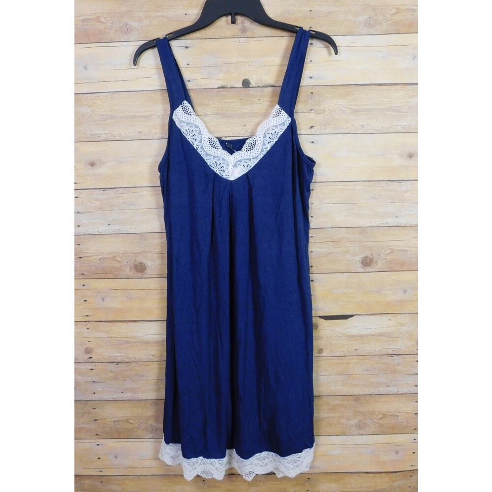 Ekouaer Women Pajama Nightgown Large Navy Blue White Lace V-Neck
